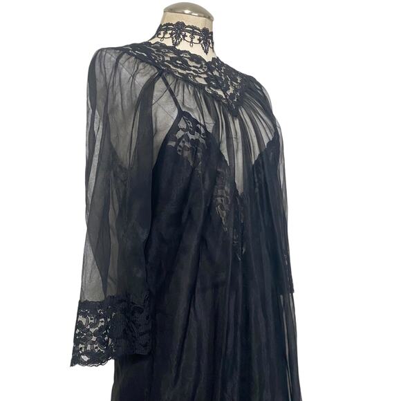 Gorgeous Vintage 1980s Chiffon Night Gown Slip & Robe Set Sheer Lace Gothic - Picture 6 of 16